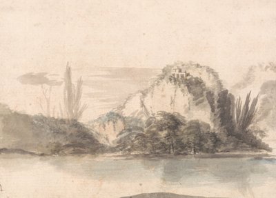 Ein Tempel auf einem felsigen Vorsprung über einem See von Alexander Runciman